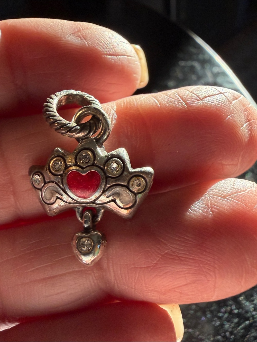 Silver Tone Crown Tiara Charm Red Heart Rhinestone Dangle